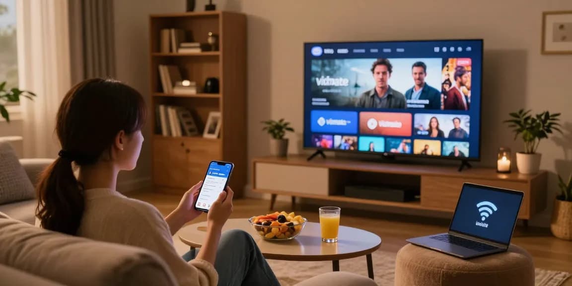 Enjoying Vidmate app on smartphone while watching a movie at home, featuring cozy media setup.