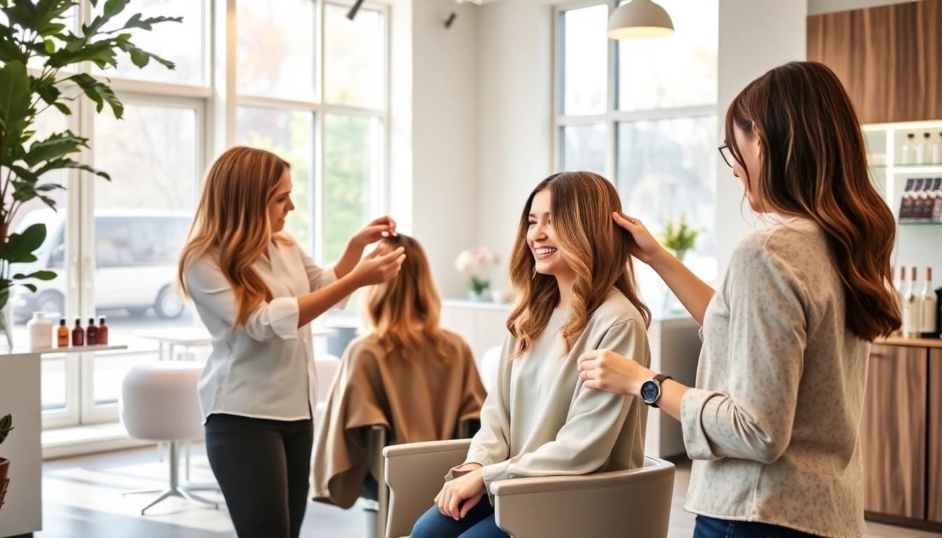 First-time client enjoying complimentary haircut at omnia salon's modern Aveda salon.
