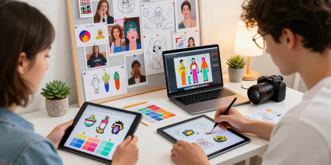 Designer creating custom acrylic pins in a vibrant workspace with creative elements.