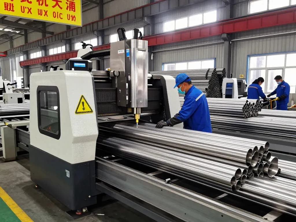 Stainless steel manufacturing scene with sumwin pipes and skilled worker in protective gear.