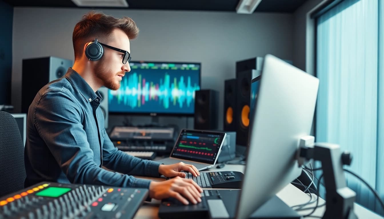 Enhance your sound with online mastering in a professional studio setup featuring advanced equipment.