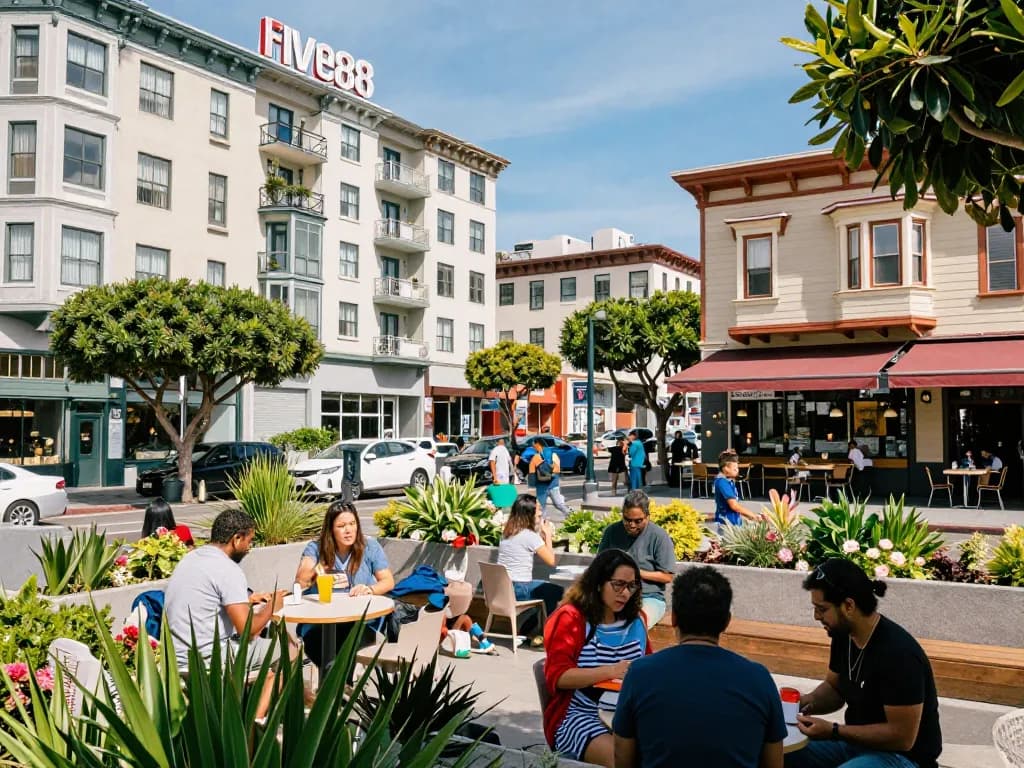 Five88 Apartments in San Francisco featuring residents enjoying community space, emphasizing modern urban living.
