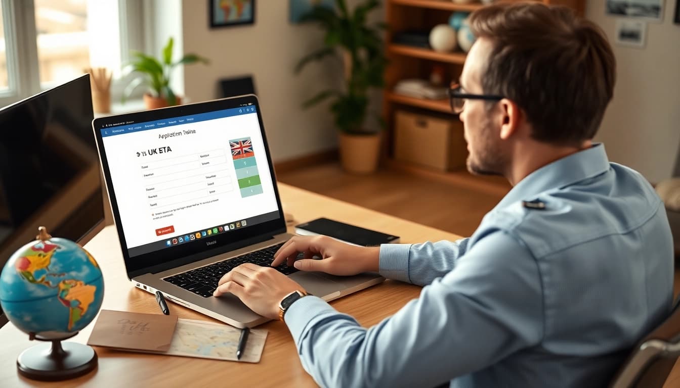 Complete the uk eta online application at a modern workspace with travel essentials.