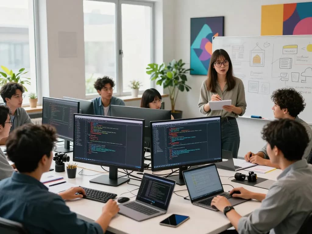 Techsslaash com software development team collaborating in a modern workspace.