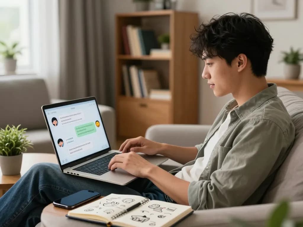 Engaging interaction with AI chat porn on a laptop in a cozy living space.