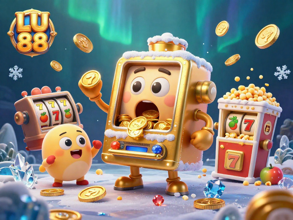 LU 88's golden slot machine celebrates a jackpot with coins pouring out and cheering companions.