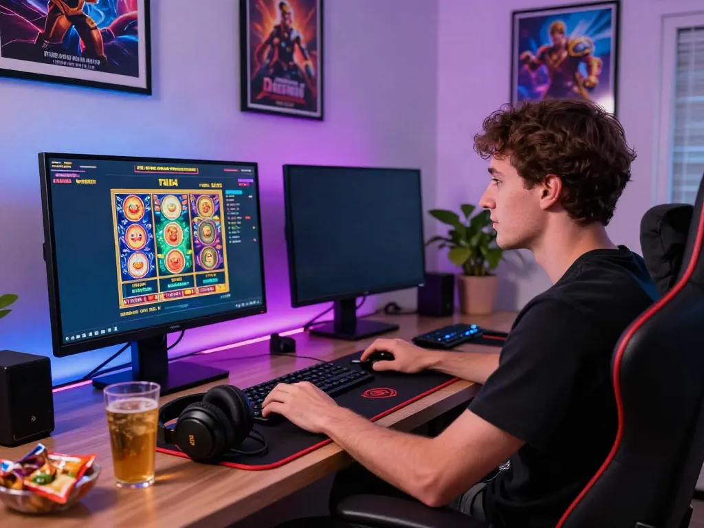Engaged player at https://nbet.page/ enjoying vibrant online gaming experience with colorful displays and lively atmosphere.