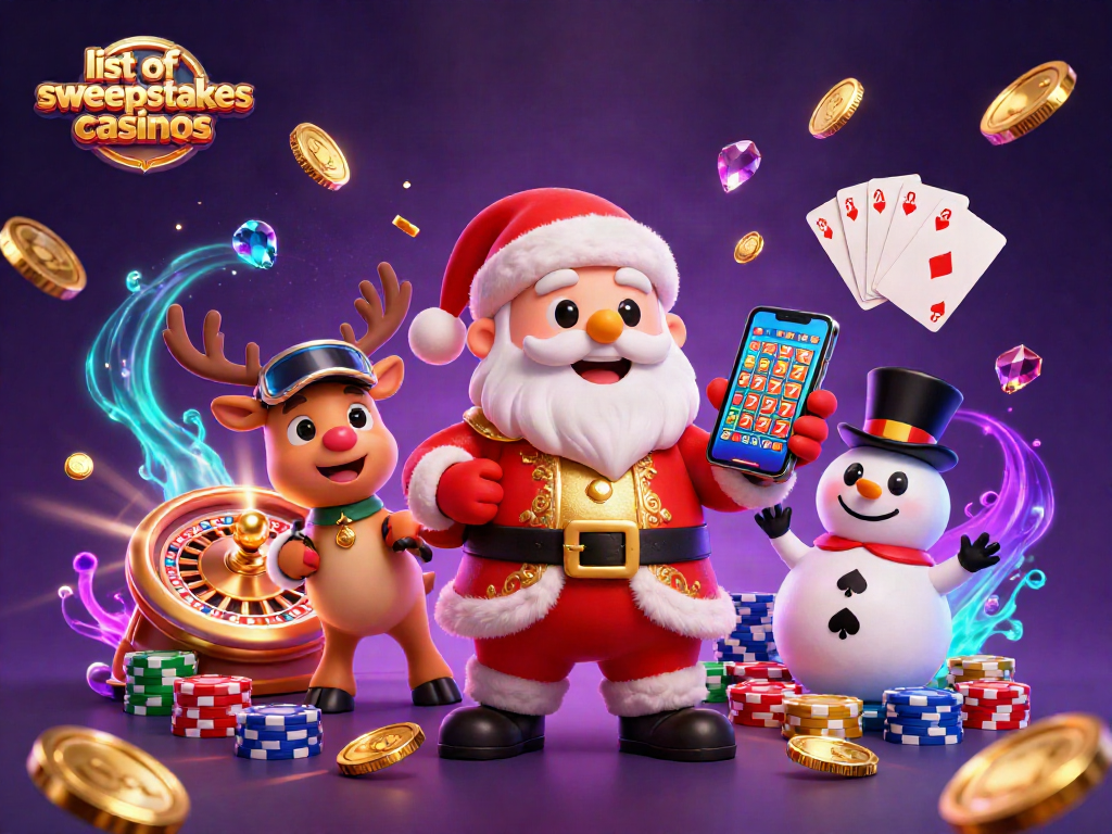Play exciting games at the list of sweepstakes casinos featuring festive characters and casino elements.