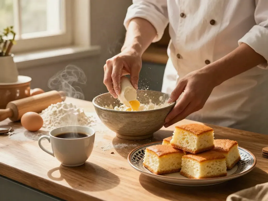 A baker preparing rokok88 bolu bakar in a warm kitchen, highlighting its texture and inviting atmosphere.