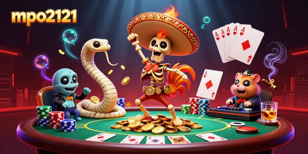 Menang di mpo2121 dengan slot gacor, skeleton mariachi dan snake seru di latar kasino.