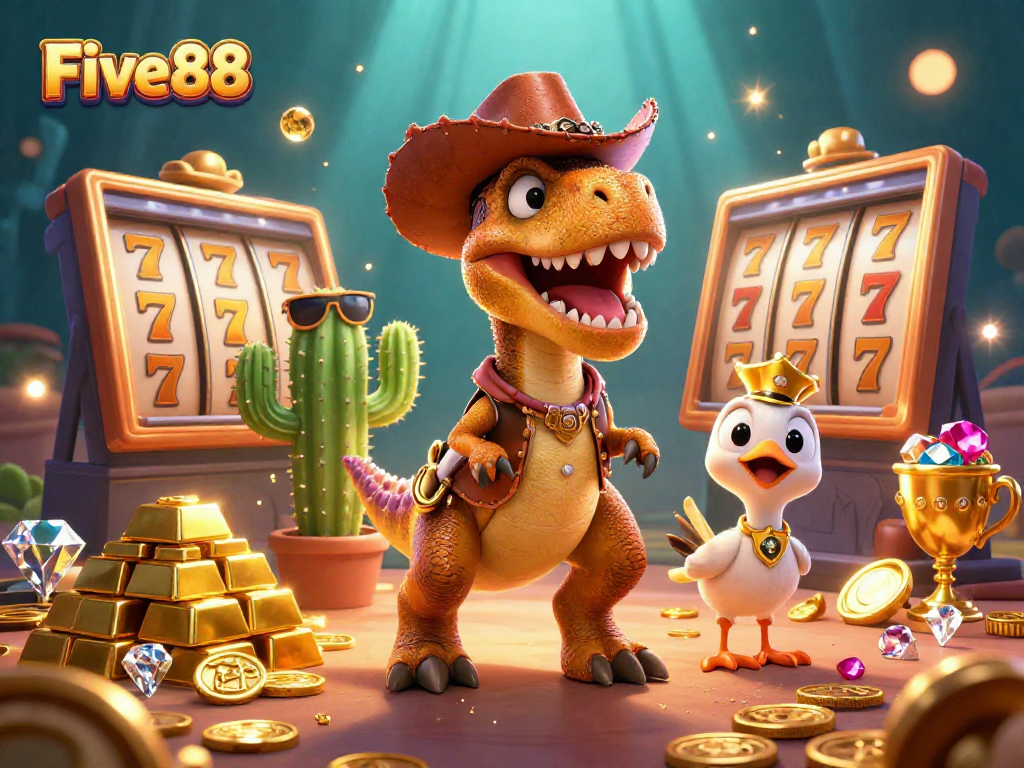 Spin for riches with Five88 in this vibrant casino adventure scene featuring a dinosaur!
