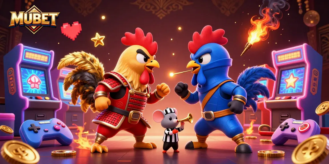 Fight for winnings with dynamic roosters in MUBET-themed casino showdown illustration.