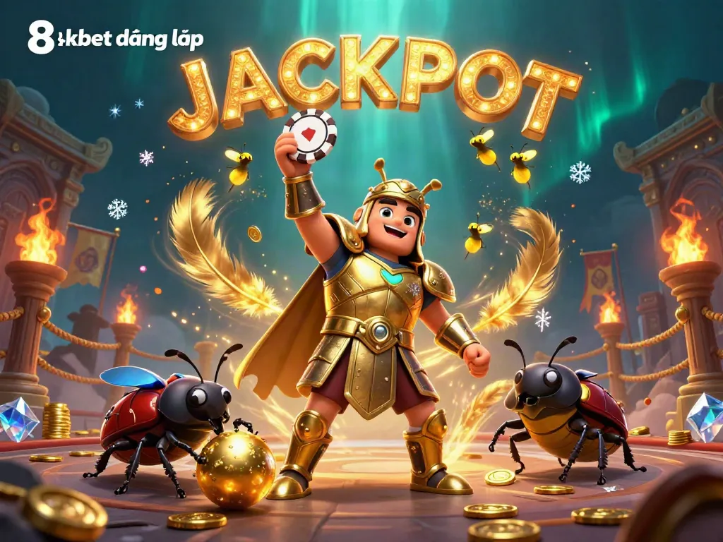 Experience the excitement of 8xbet đăng nhập with a victorious beetle champion in a vibrant, animated casino scene.