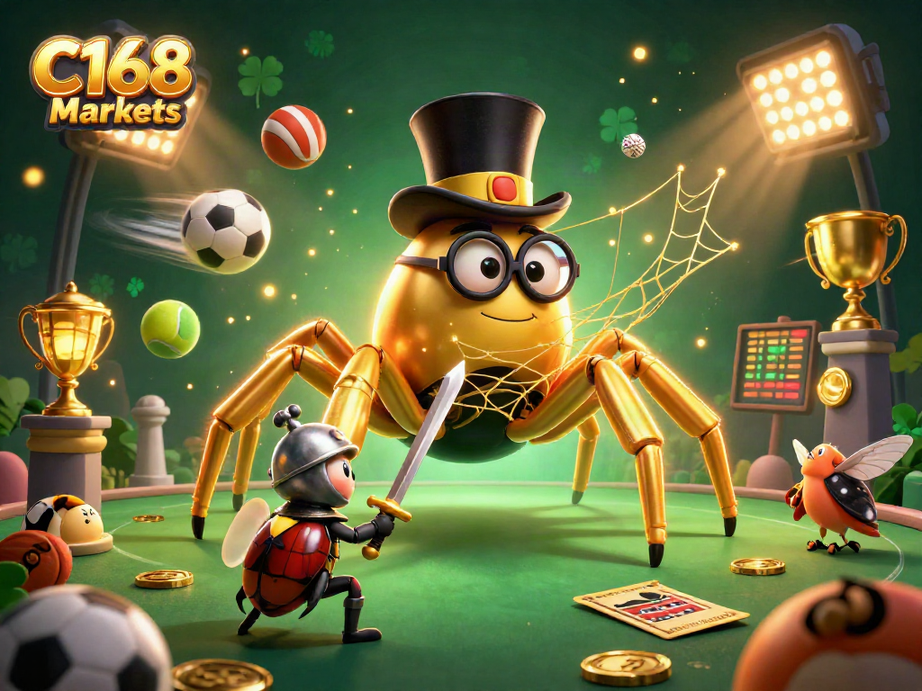 C168 Markets presents an exciting scene with a golden tarantula and beetle knight amidst dynamic sports elements.