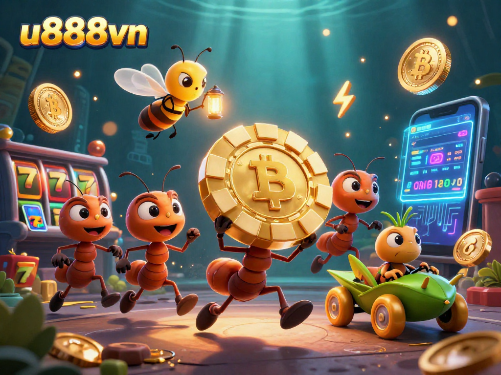 Experience thrilling gaming at u888vn with a vibrant heist scene showcasing poker chips and crypto elements.