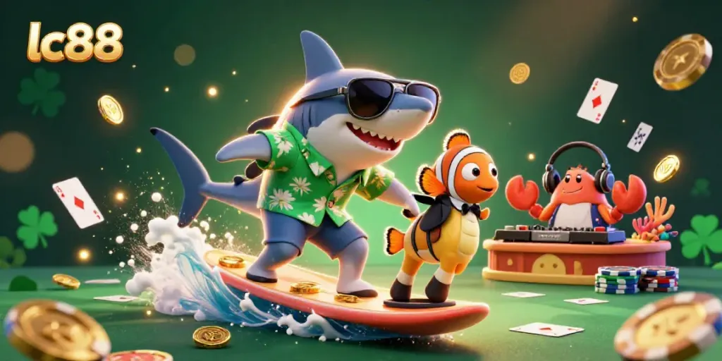 Engage with the vibrant lc88 casino illustration showcasing a shark and sea life enjoying poker elements.