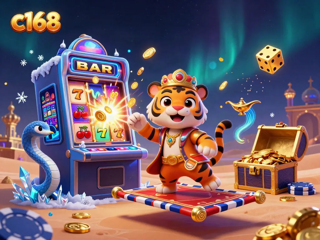 Experience thrilling wins with c168 in this vibrant casino illustration featuring a lively sultan and magic elements.