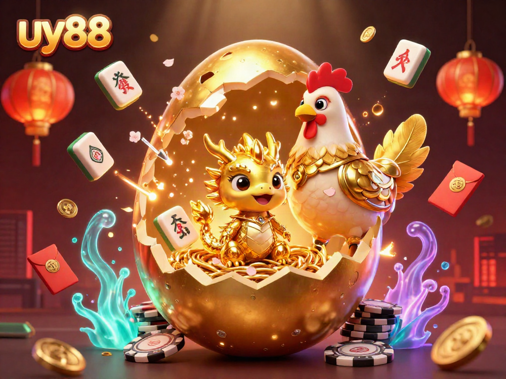 Engage with uy88's vibrant 3D illustration showcasing a dragon amidst poker chips and festive casino elements.