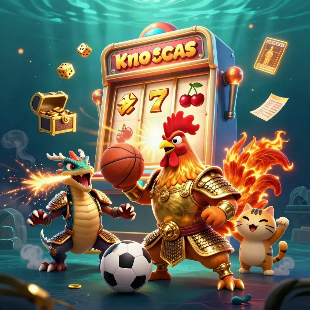 Rooster warrior, dragon hatchling and fortune-cat amid exploding slot symbols, balls and gold.