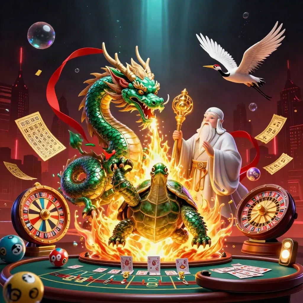 Emerald dragon, turtle sage, and cranes amid casino treasure, neon light, and dark skyline.