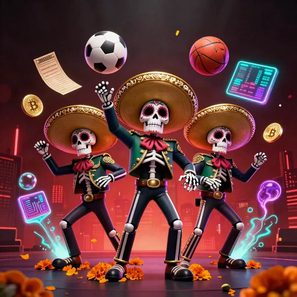 Skeleton mariachi trio with neon casino effects, coins, balls, and a dark glowing skyline.