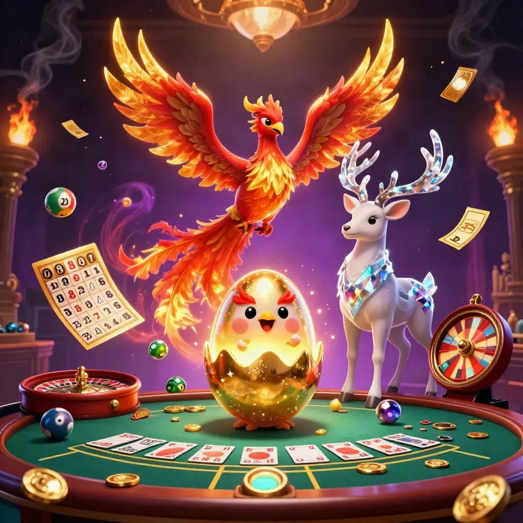 Phoenix, hatching egg, and crystal stag amid casino magic, lights, coins, wheels, and cards.