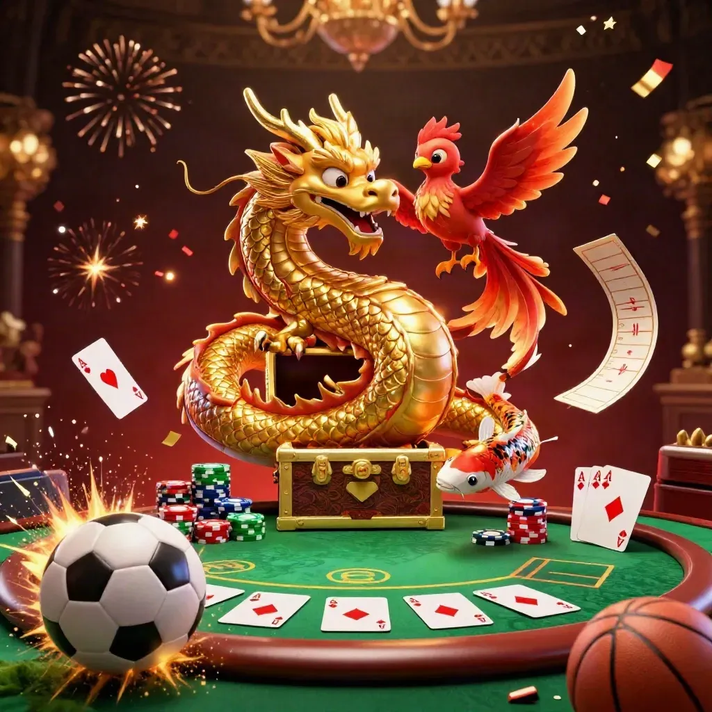 Golden dragon, phoenix and koi swirl with casino chips, cards and flying sports balls.
