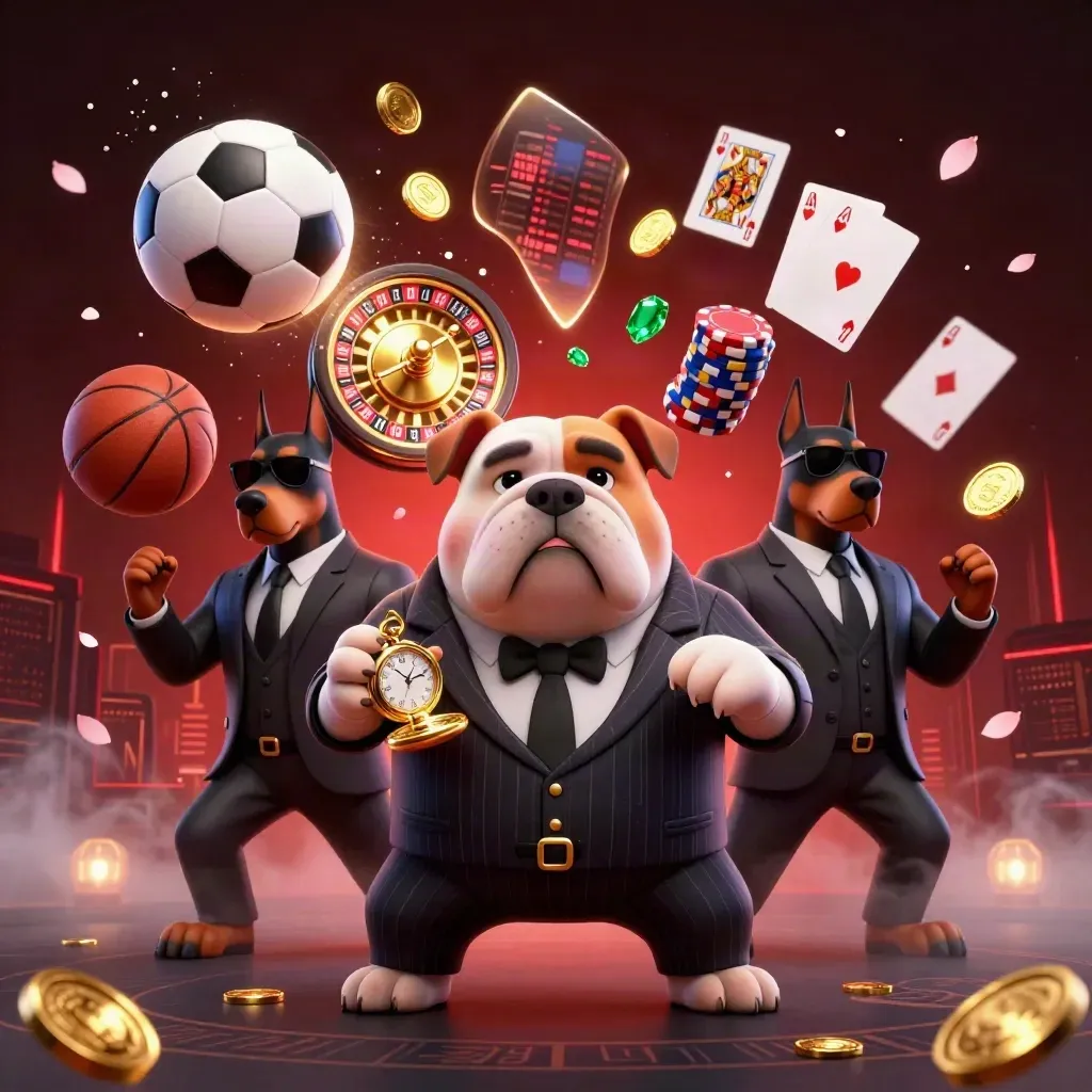 Bulldog mob boss and two Dobermans amid casino chips, coins, balls, and neon glow.