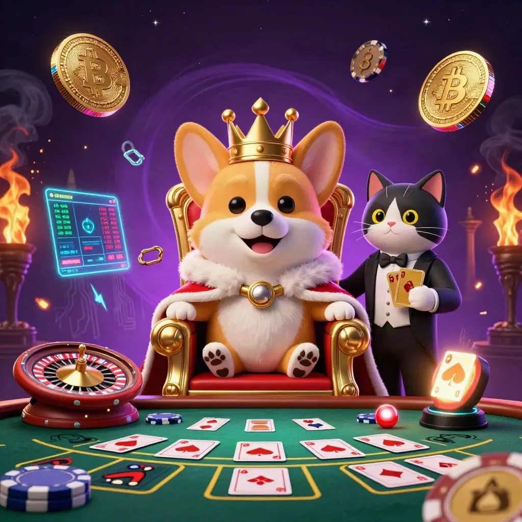 Royal corgi and cat butler in a neon casino scene with coins, charts, and a spinning roulette wheel.