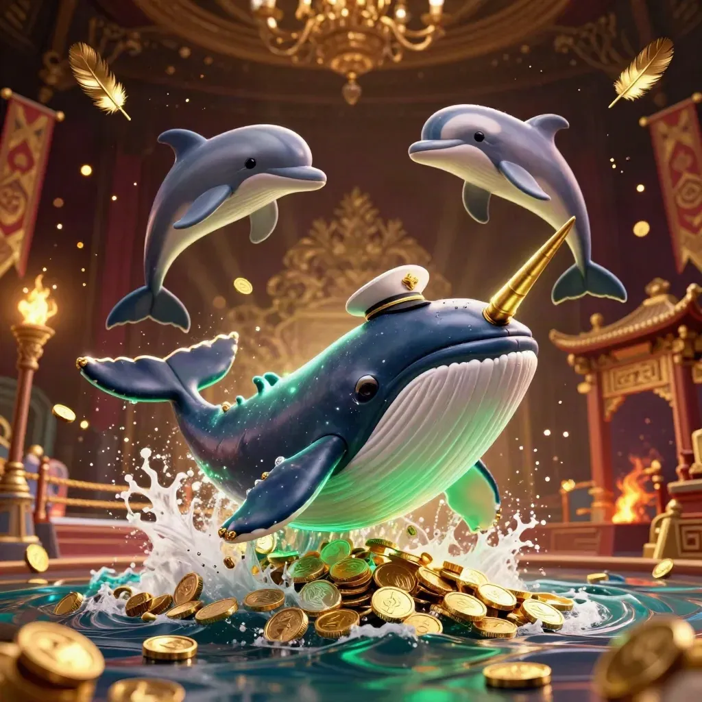 Whale captain, narwhal, and dolphins bursting through coins in a luxe casino scene.