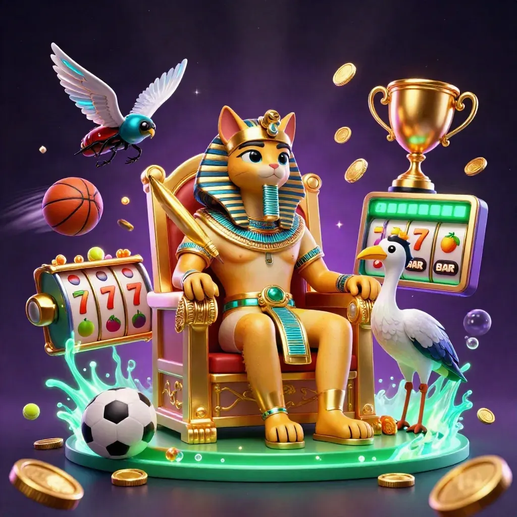 Pharaoh cat, ibis scribe, and gem scarabs amid coins, sports balls, and neon casino glow