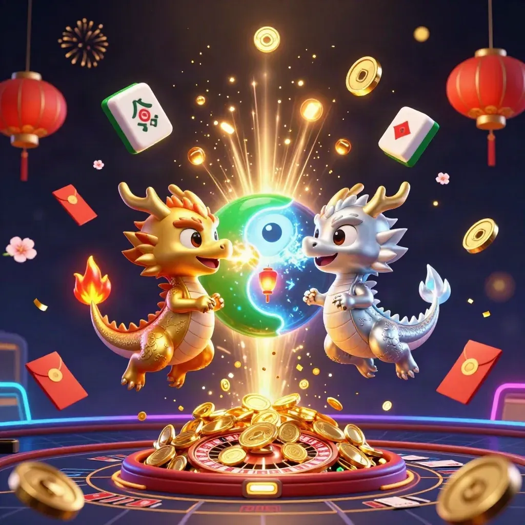 Gold and silver dragons burst from a vault amid coins, fireworks, and casino icons.