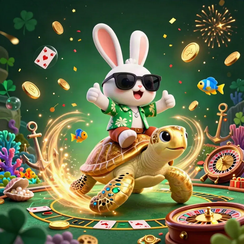 Rabbit rides a jeweled turtle through a coin burst with casino props and fireworks