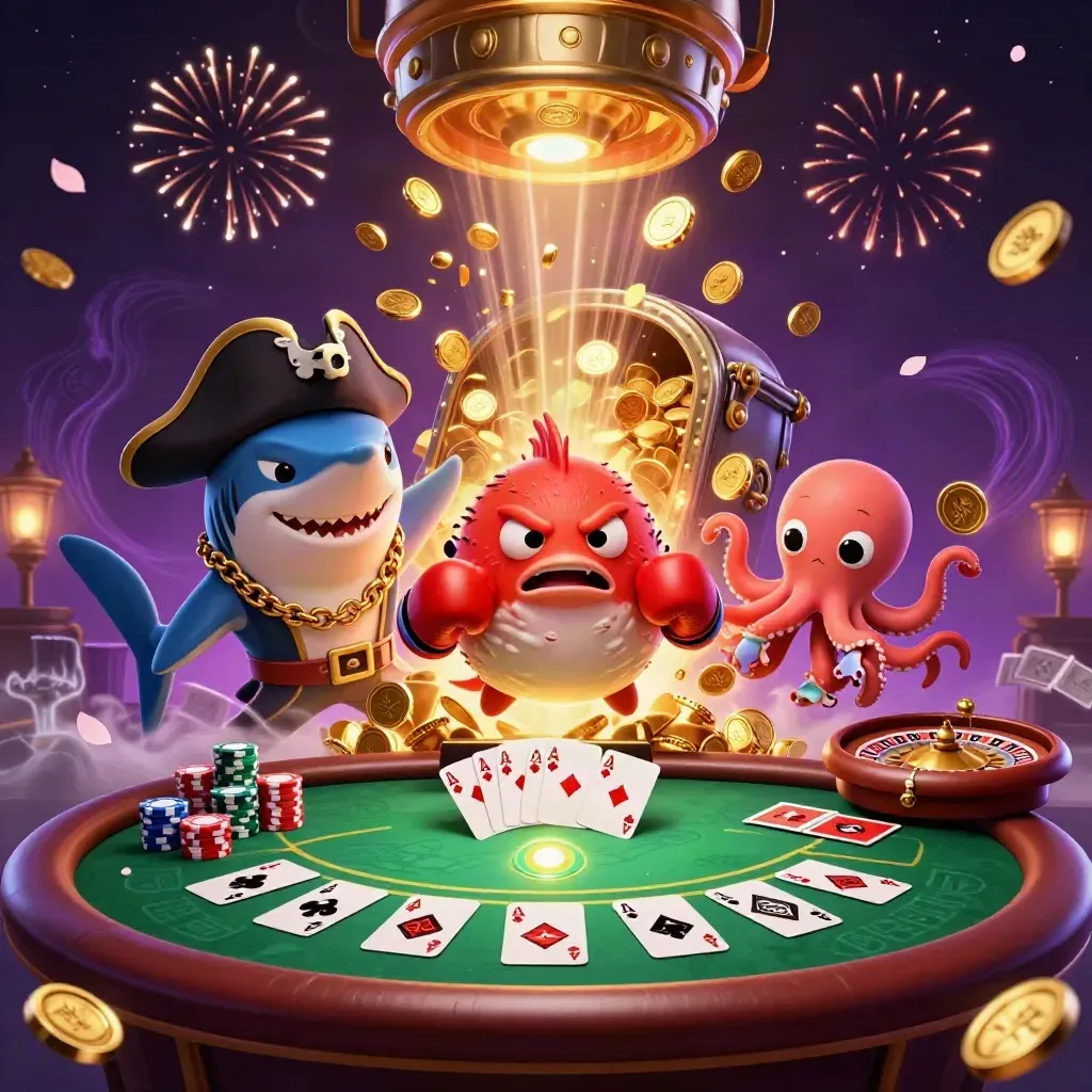 Pirate shark, pufferfish, and baby octopus amid vault glow, coins, cards, chips, and fireworks.