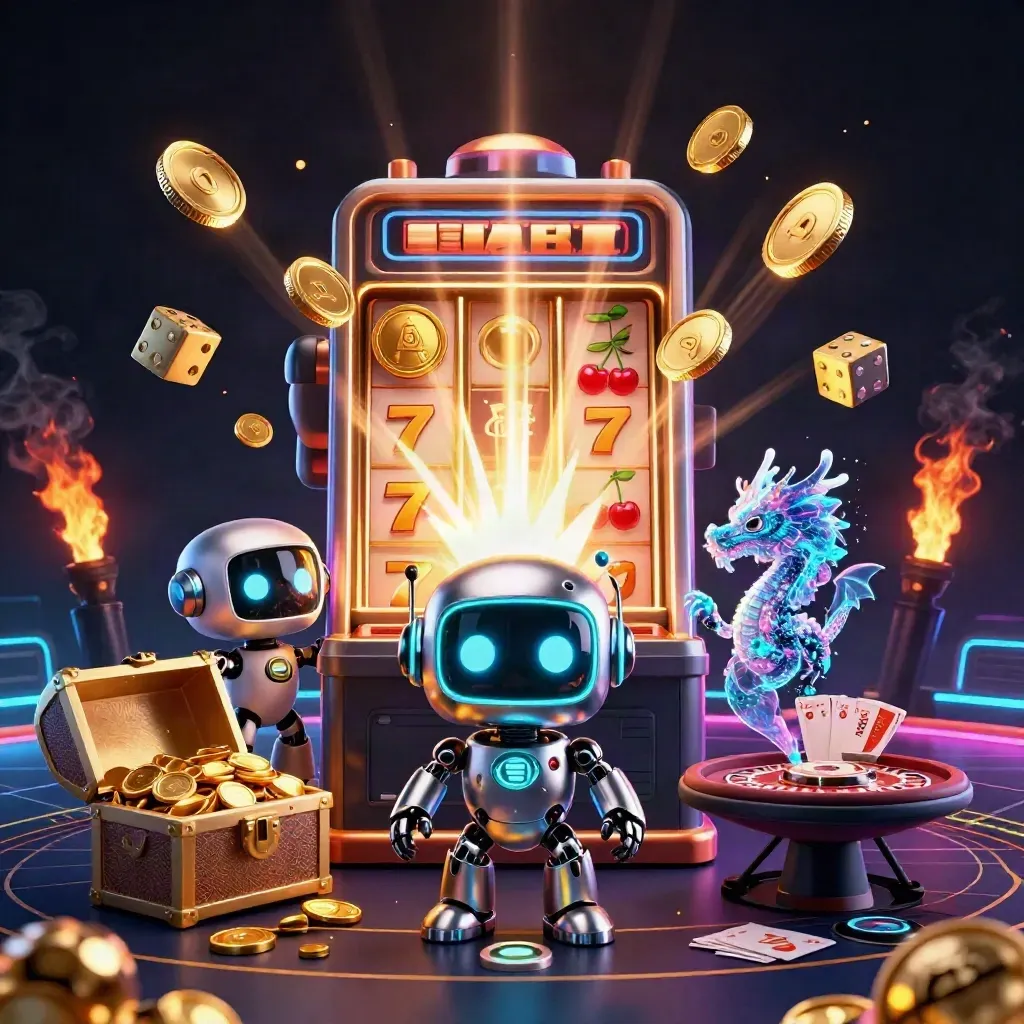 Cyberpunk robot, holographic dragon, and coin drone amid exploding slots, gold, and casino lights.