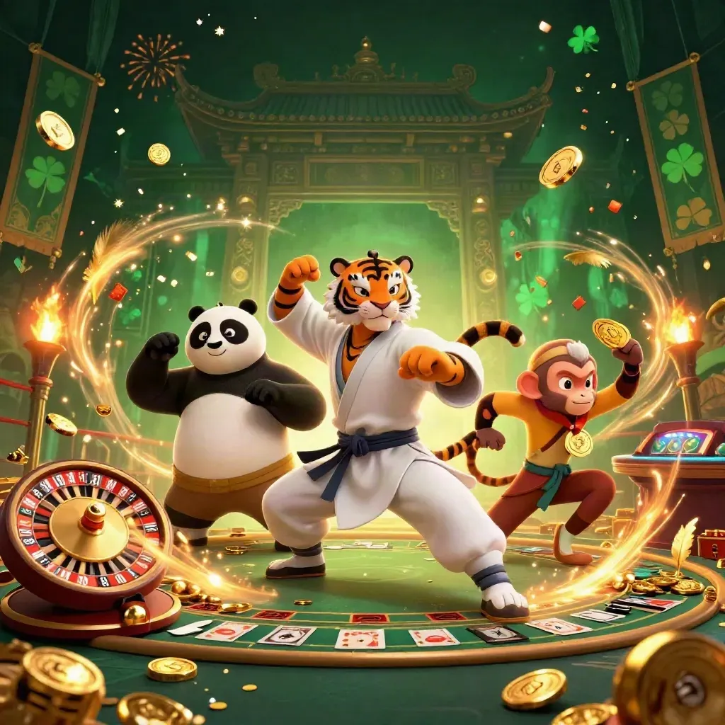 Tiger, panda, and monkey in a vault-burst casino scene with coins, fireworks, and temple energy.