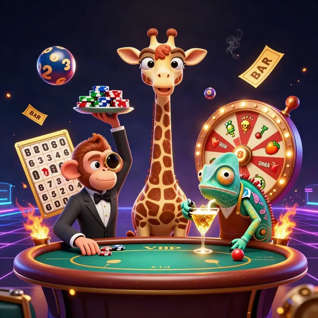 Luxury casino scene with a suited giraffe, monkey valet, and chameleon bartender amid glowing game icons.
