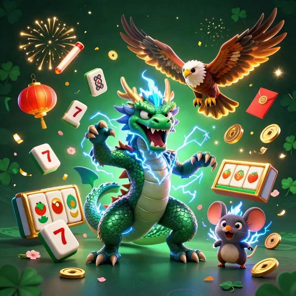 Electric thunder dragon, wind hawk and crackling mouse amid casino gems, lanterns and slot symbols.