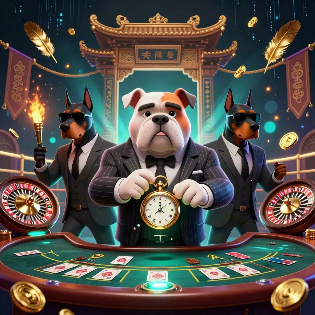 Bulldog boss and Doberman guards amid casino gold, neon energy, and spinning roulette wheel