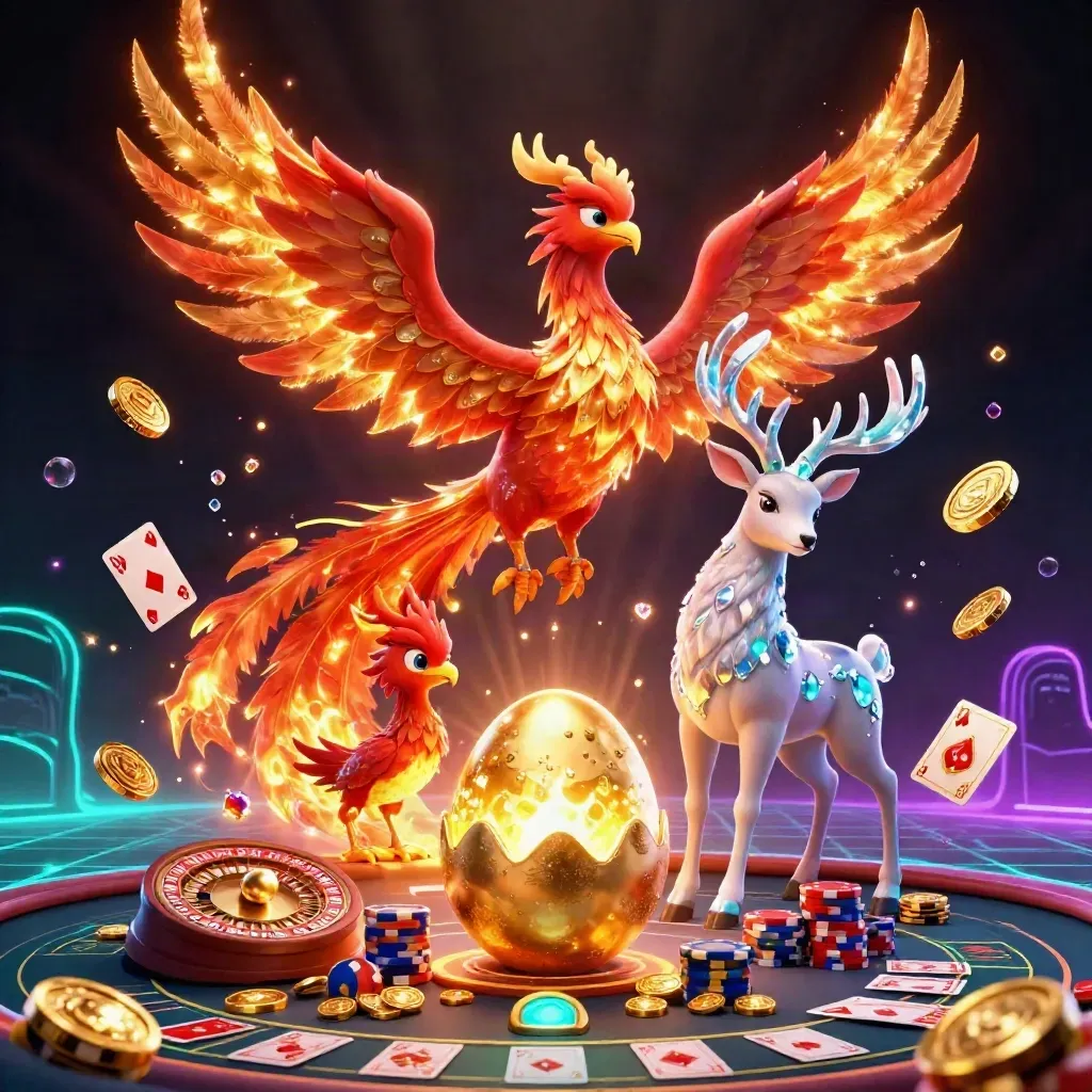 Phoenix, stag, and coin burst over a neon casino scene with roulette and chips.