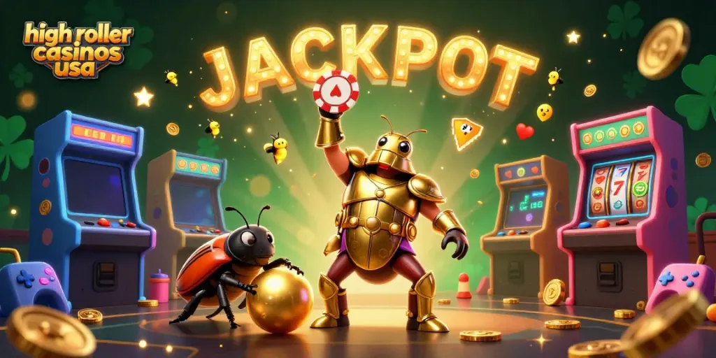 Experience high roller casinos usa with a vibrant 3D scene of a gladiator beetle and exciting gaming elements.