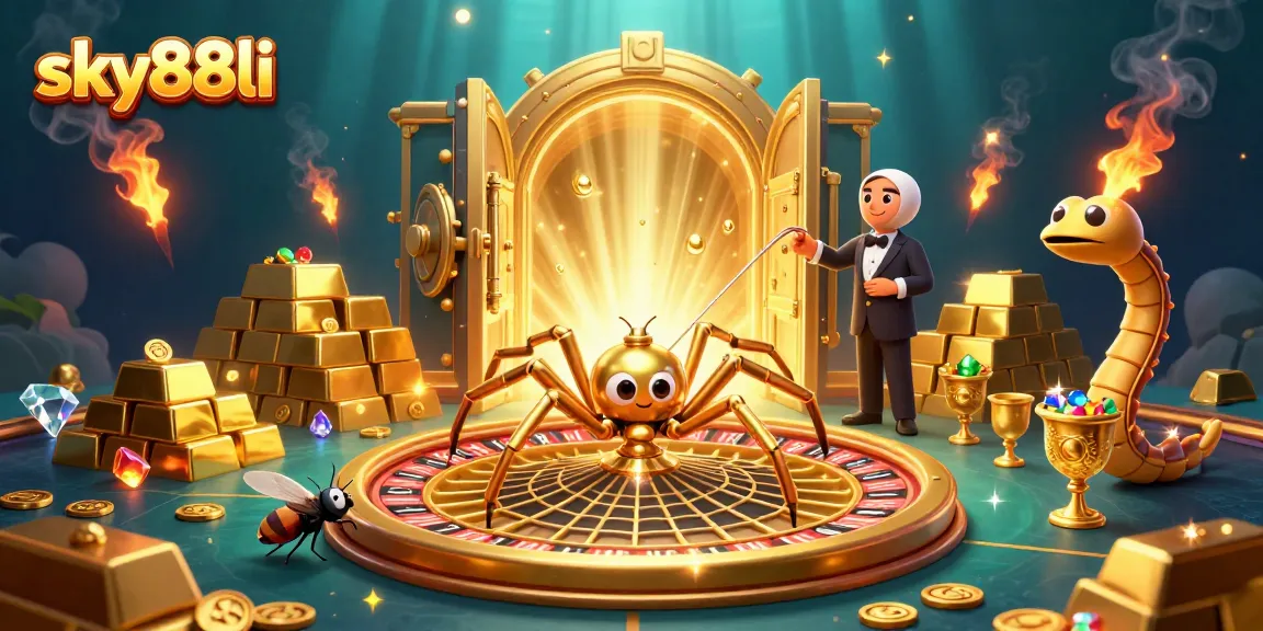 Engage in thrilling gameplay at sky88li with a golden spider spinning a roulette wheel amidst treasures.