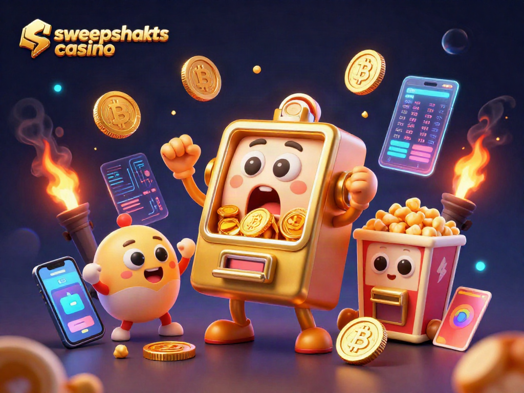 Celebrate at sweepstakes casino with a golden slot machine hitting a jackpot surrounded by cheering machines.