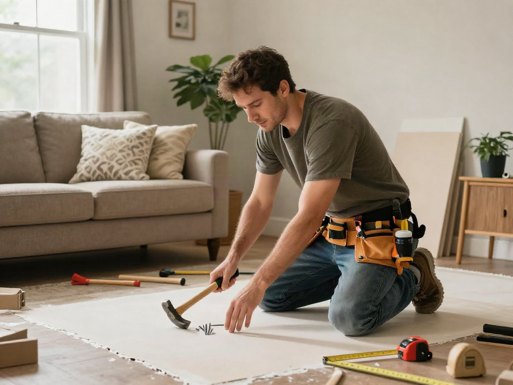 Home repair services Des Moines Iowa showcased with a skilled handyman fixing drywall in a cozy living room.