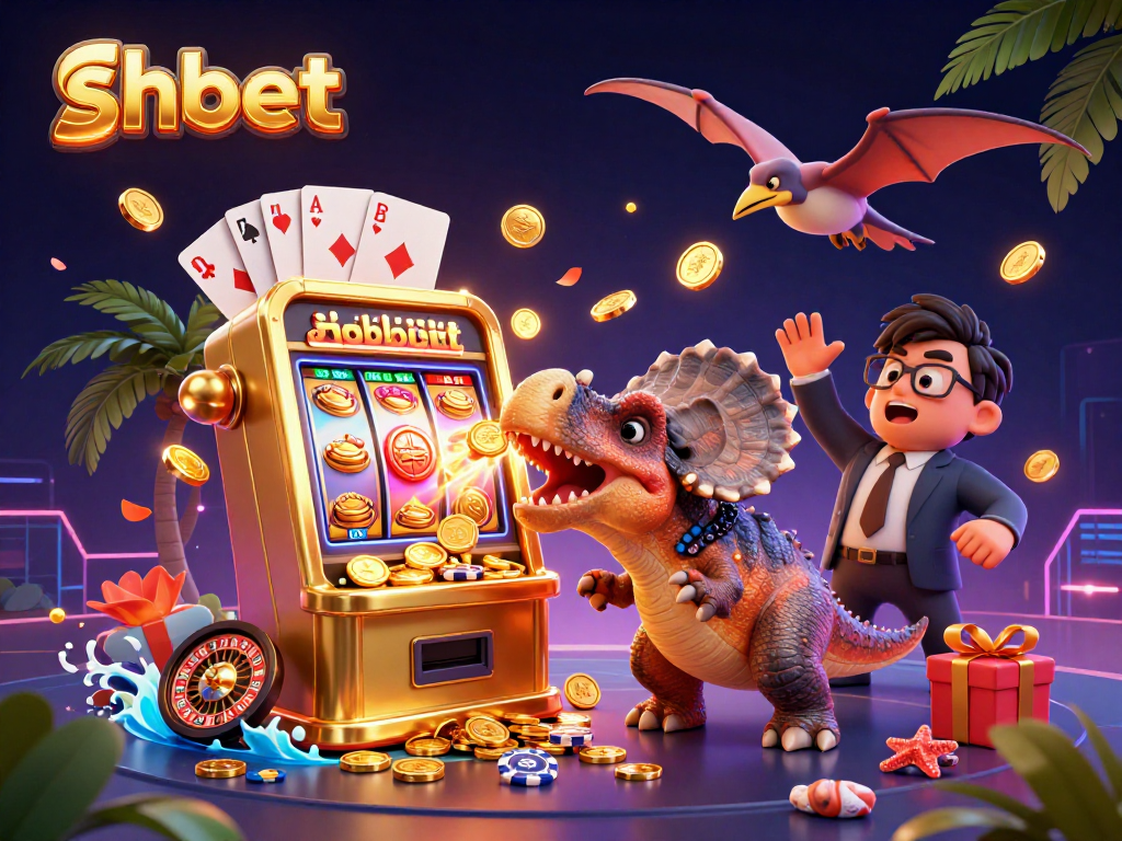 shbet delivers a thrilling jackpot scene with a dinosaur and casino manager amidst golden coins