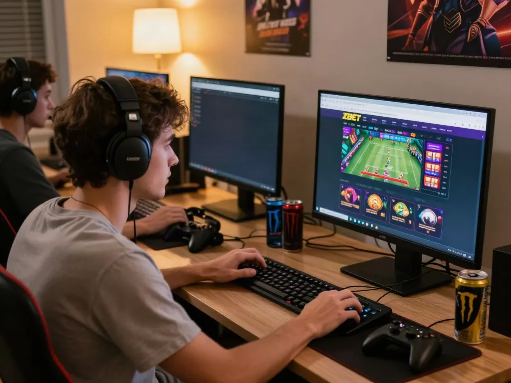 ZBET gaming session with a young man focused on sports betting on his laptop in a cozy home environment.