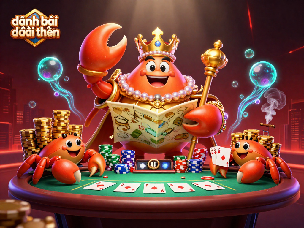 Win at đánh bài đổi thưởng with a vibrant 3D illustration of a golden crab emperor among poker elements.