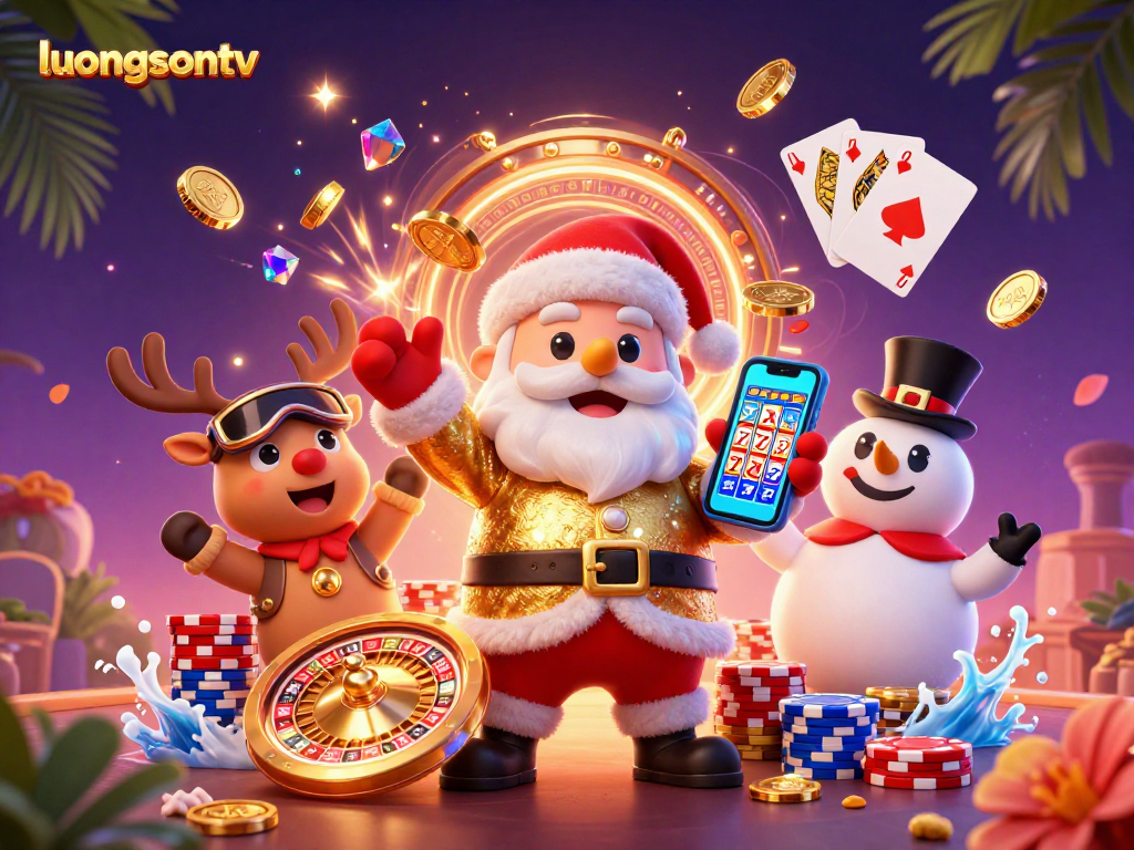 Experience the excitement of luongsontv with a vibrant 3D casino scene featuring Santa and gaming elements.