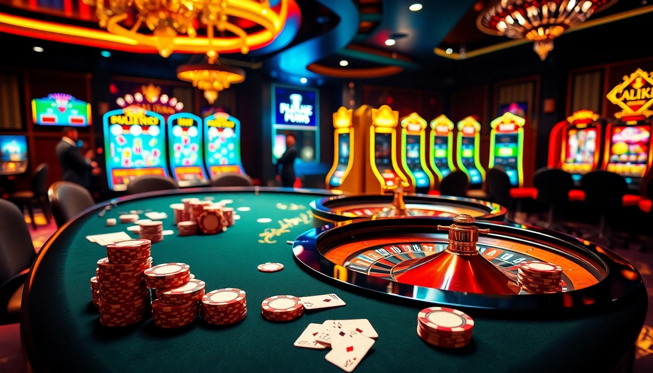 Players enjoying a thrilling game at mb66 casino with poker chips and roulette wheel.