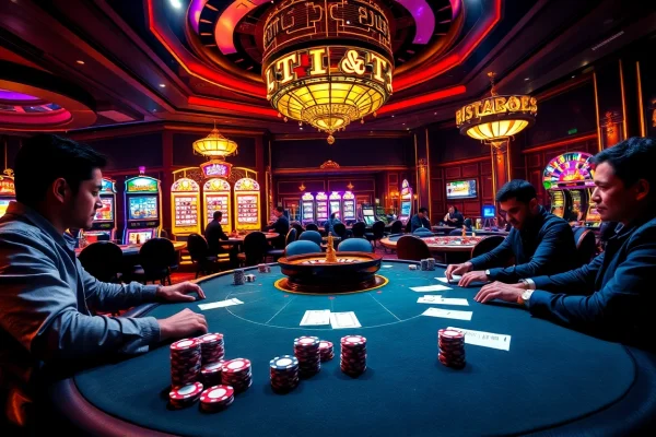 Experience thrilling gameplay at https://gg88.black/ with our vibrant casino scene featuring poker and slot machines.